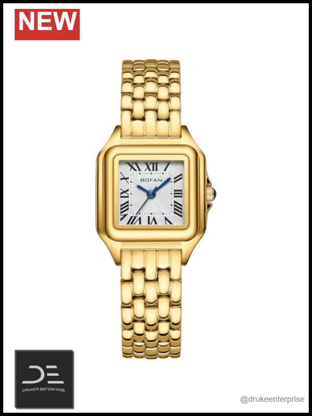 Square Gold Watches for Women Stainless Steel Band Quartz Roman Dial Water